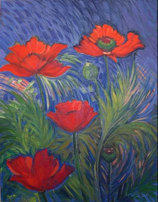 Poppies on a field of blue